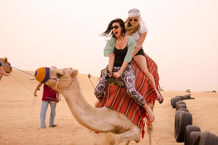 Experience the thrill of camel riding across golden sands as you embrace the essence of Dubai's desert. Capture unforgettable moments during your sunset safari adventure with friends.